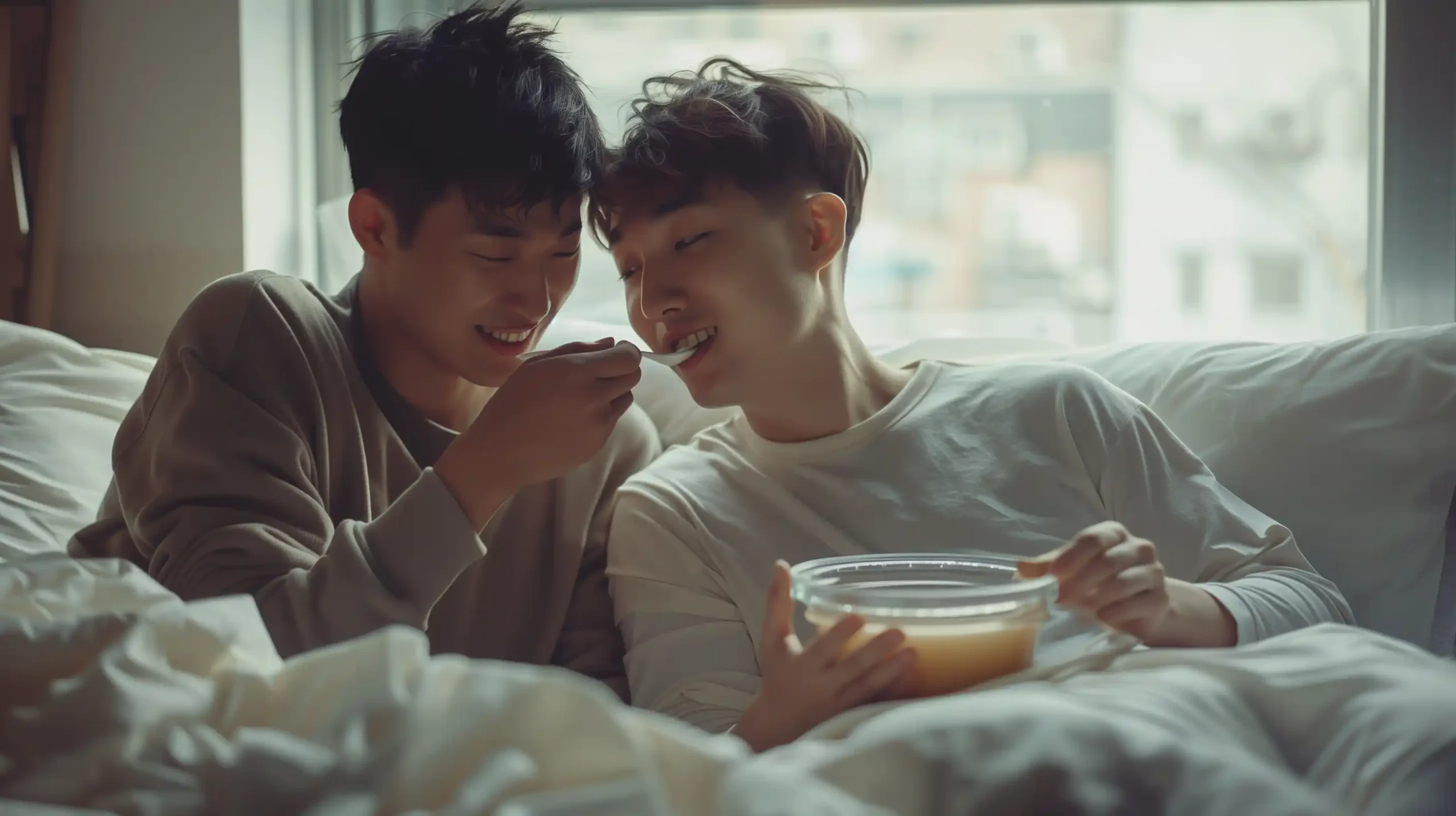 Tender Korean Couple Feeding