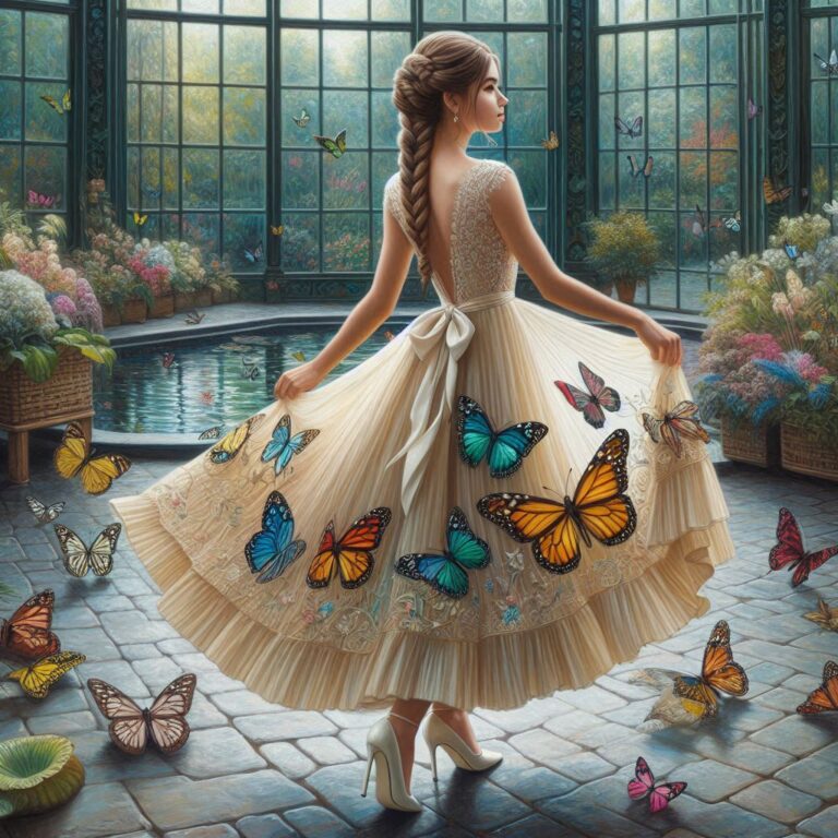 Woman in Ivory Butterfly Dress in Glass Butterfly Garden