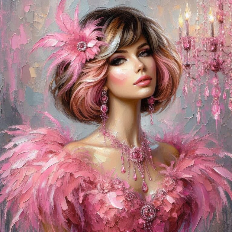 Woman in Pink Feather Dress with Crystal Chandelier