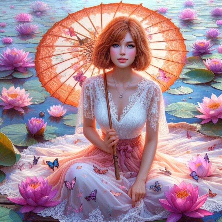Auburn-Haired Woman with Parasol on Dock by Lily Pond