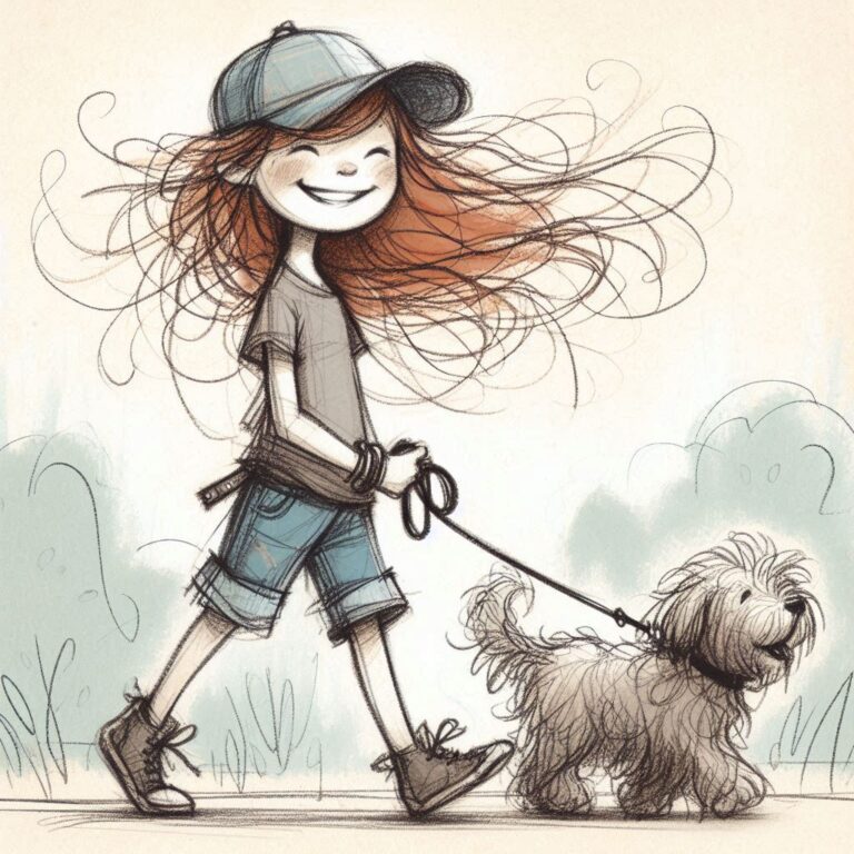 Sketch of Smiling Girl in Baseball Hat Walking Scruffy Dog