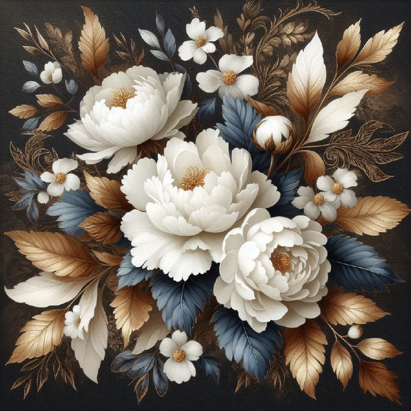 Vintage White Peonies with Gold and Blue Leaves Painting