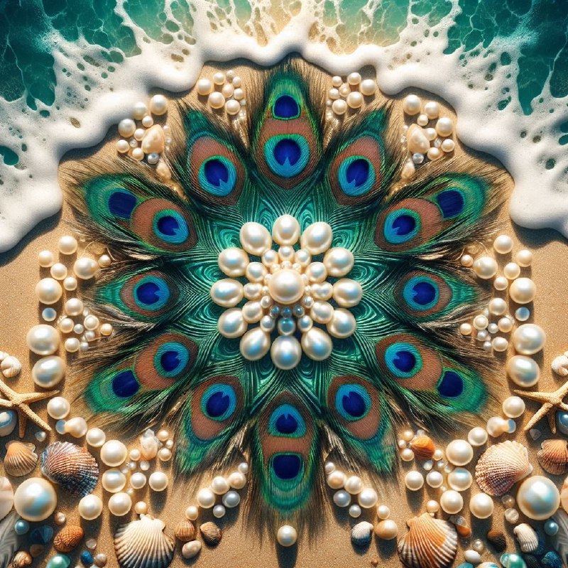 Caribbean Sea Kaleidoscope Mosaic with Pearls and Shells