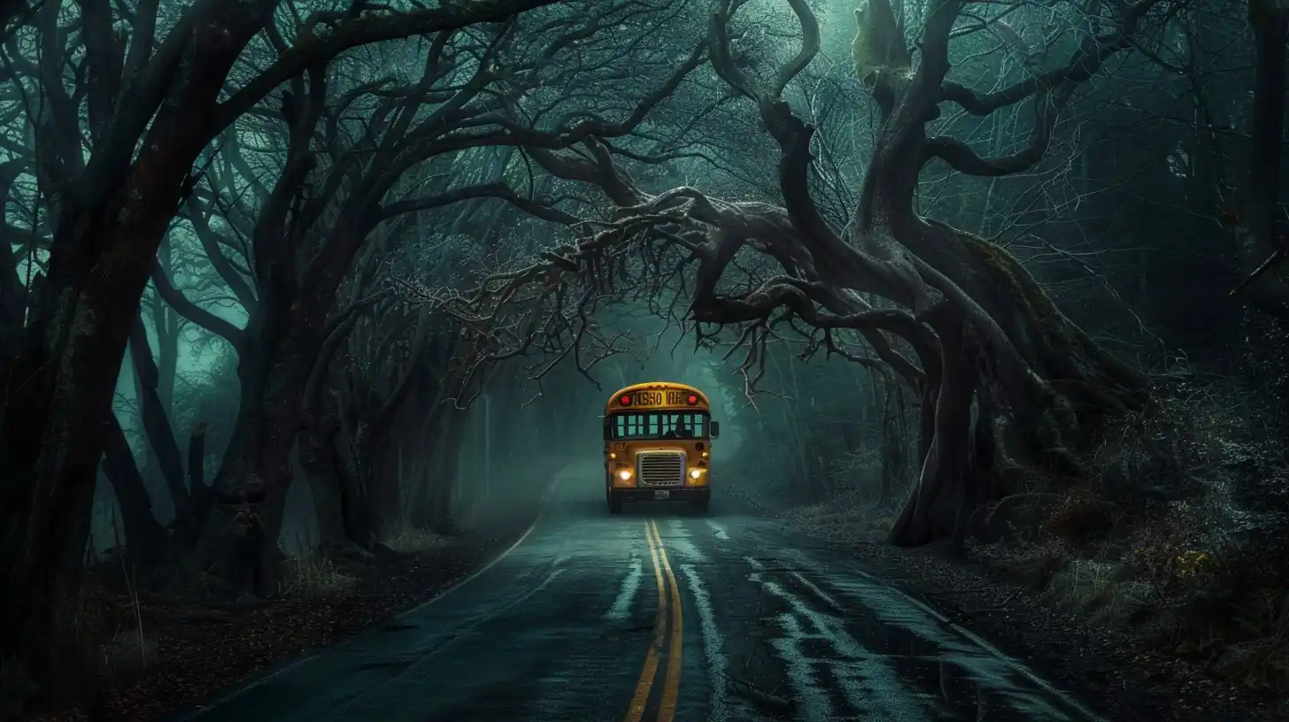 Graphic School Bus Through Spooky Road