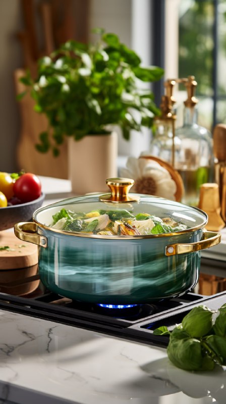 Steaming Enamel Pot on Marble Countertop Kitchen Scene