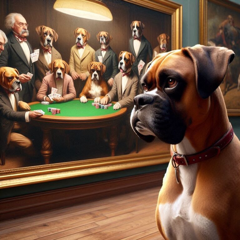 Boxer Dog Admiring Dogs Playing Poker Painting