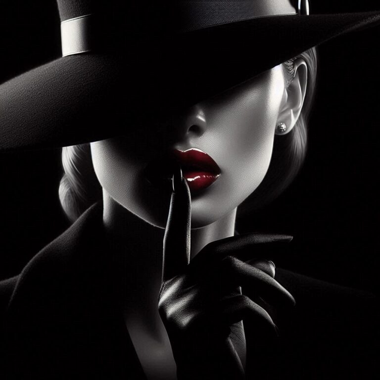 Film Noir Woman in Black Hat with Red Lips Monochrome
