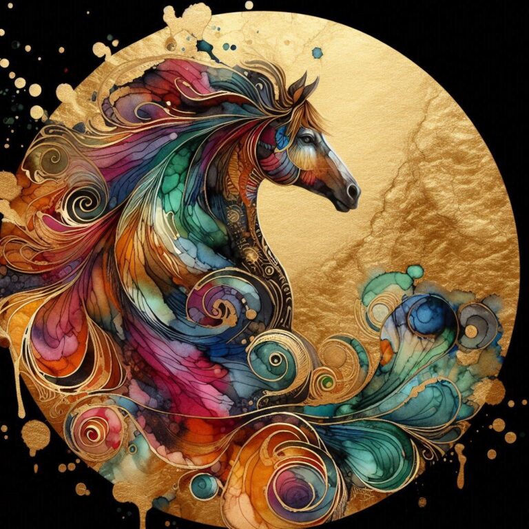 Batik Horse in Golden Circle with Alcohol Ink Gold Leaf