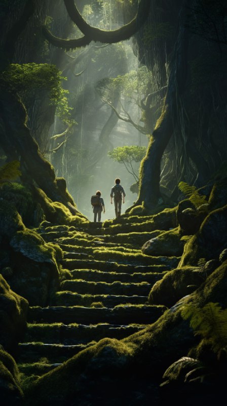Explorers Climbing Mossy Stairs in Magical Ancient Forest