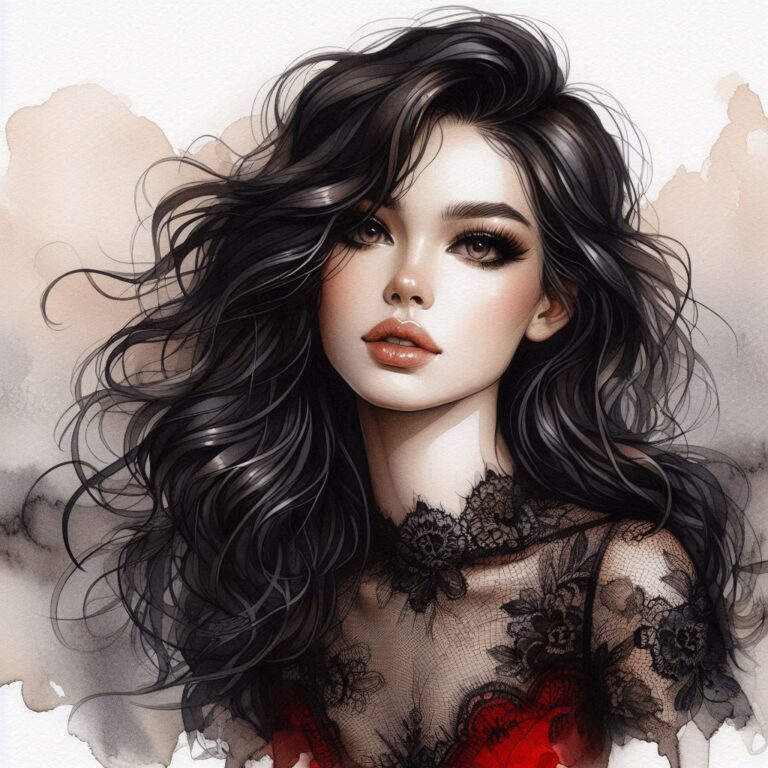 Glossy Watercolor Girl in Red and Black Lace Dress