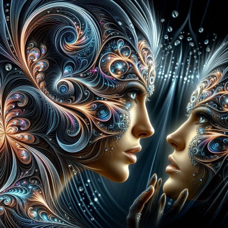 Fractal Sci-Fi Face Tattoo Woman in Mirror Reflection