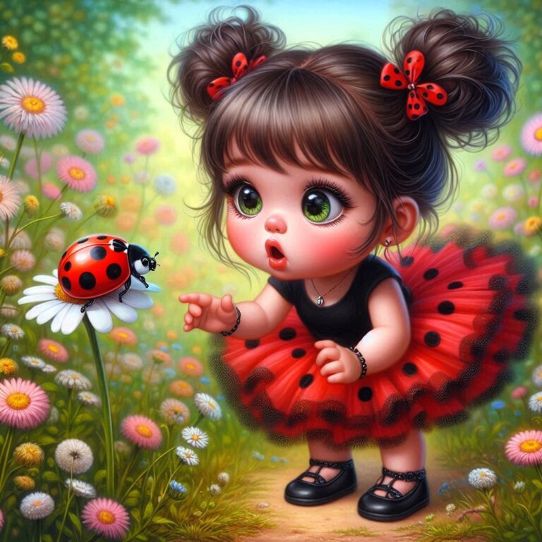 Chibi Toddler in Ladybug Tutu and Wings in Wildflower Meadow