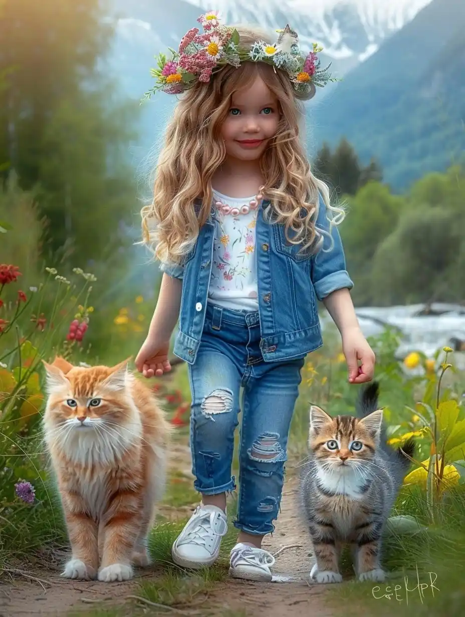 Curly Girl with Cat