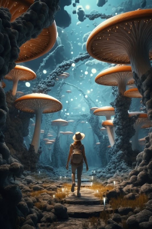Woman in Giant Fungi Forest Under Three Moons and Milky Way