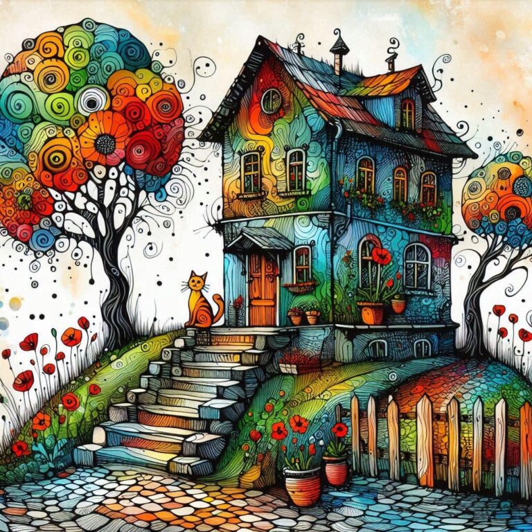 Whimsical Quirky Two-Story House on Hill with Orange Cat