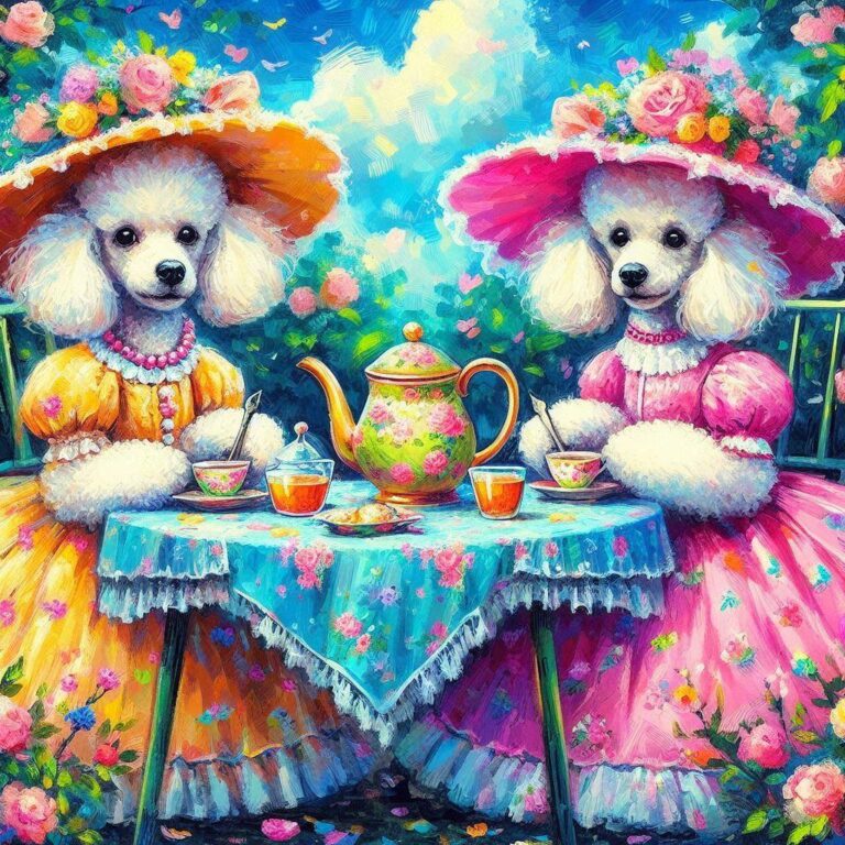 Poodles in Frilly Dresses at Garden Tea Party Painting
