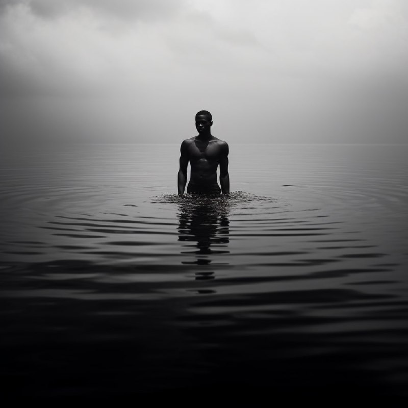 Dark-Skinned Man Standing on Infinite Water Monochrome