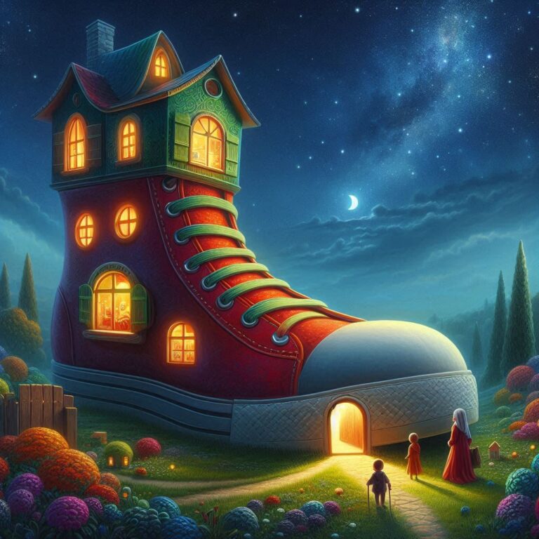 Whimsical 3D Shoe House with Glowing Windows and Tower