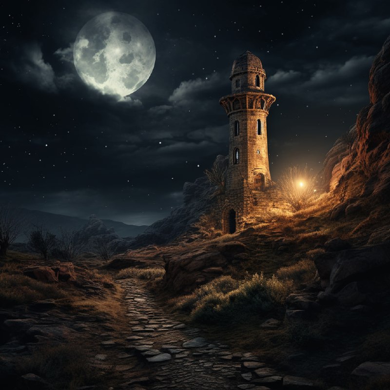 Lonely Ancient City Tower in Moody Van Gogh Light