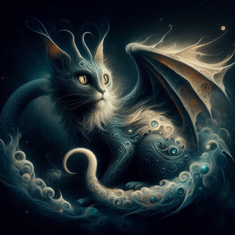 Cat Dragon Hybrid Creature in Gothic Luminism Fantasy
