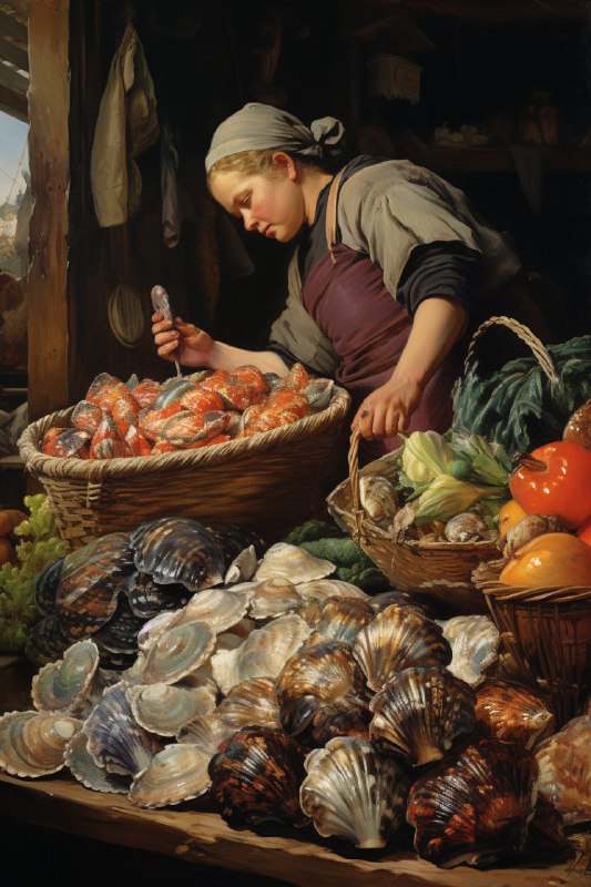 Shell Seller at Market in Rudolf Ernst Painting Style