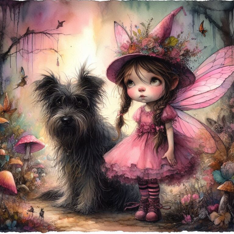 Girl in Pink Fairy Costume with Scruffy Black Dog