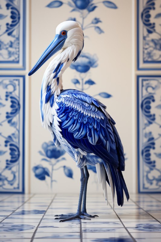 White Stork Sculpture on Blue and White Porcelain Floor