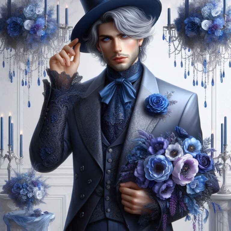 Silver-Haired Man in Navy Lilac Ombre Baroque Fashion