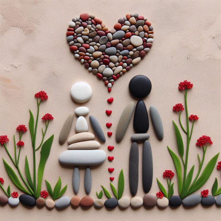 Loving Couple Built from Black and White Stones by Sea