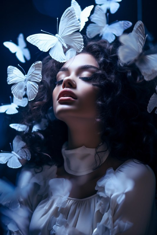 Dancing Woman with White Butterflies in Motion Blur Indigo