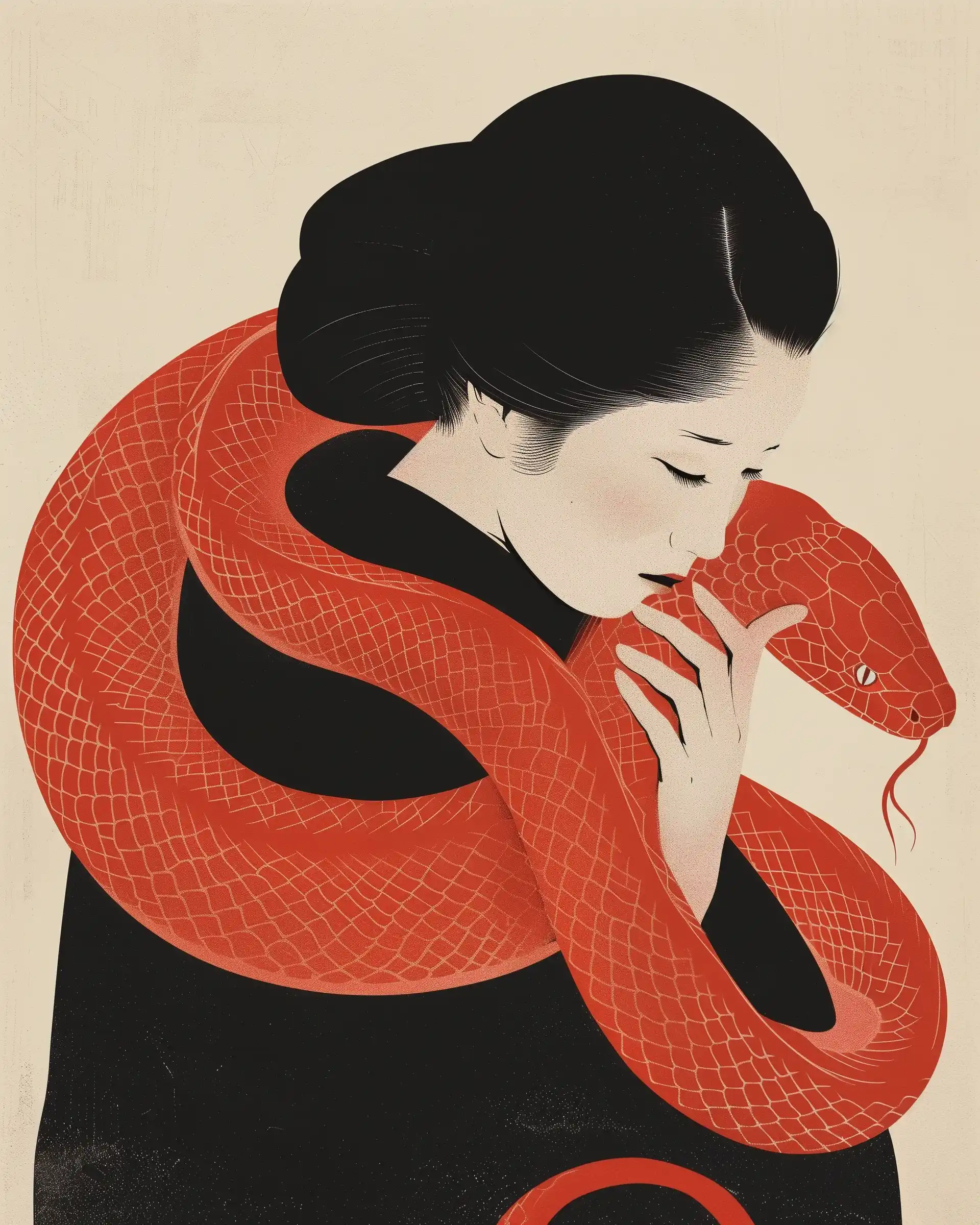 Japanese Geisha with Red Snake
