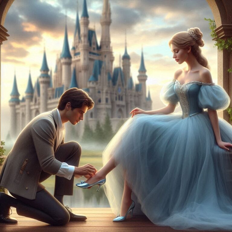 Cinderella and Prince with Glass Slipper by Castle