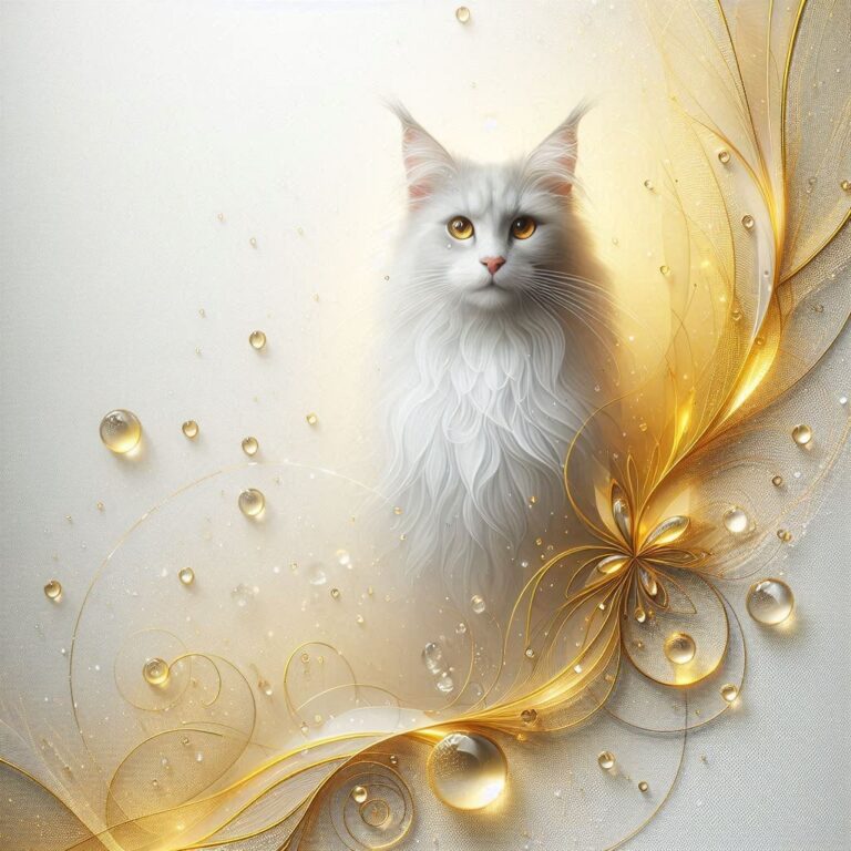 Translucent Maine Coon Cat with Crystal Dew and Gold Swirls