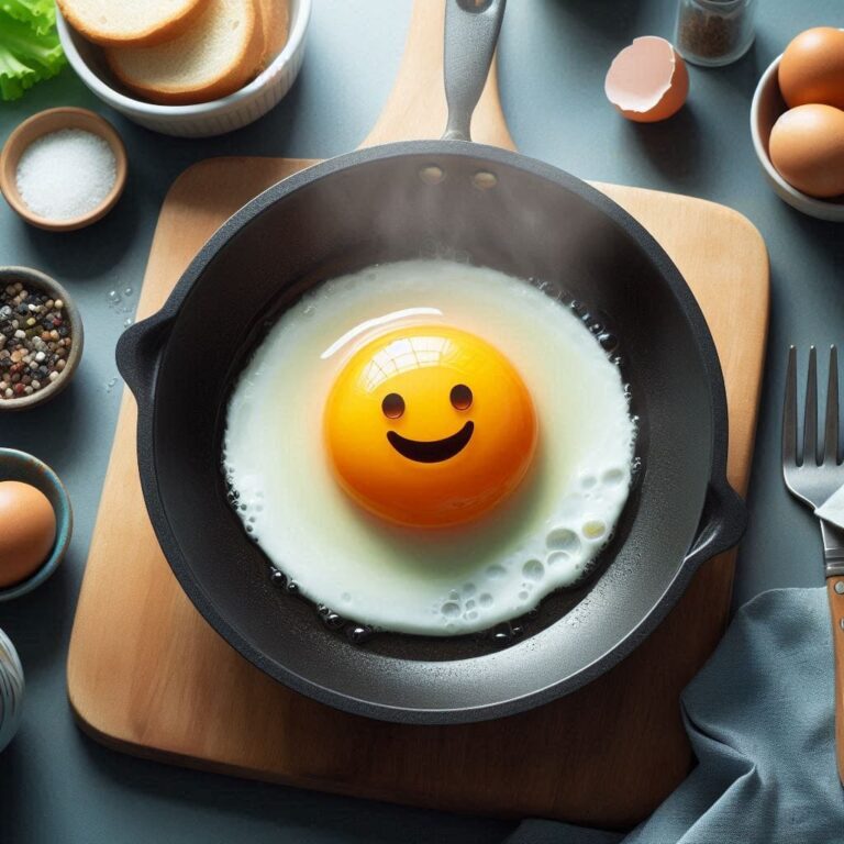 Funny Happy Emoji Fried Egg in Sizzling Frying Pan