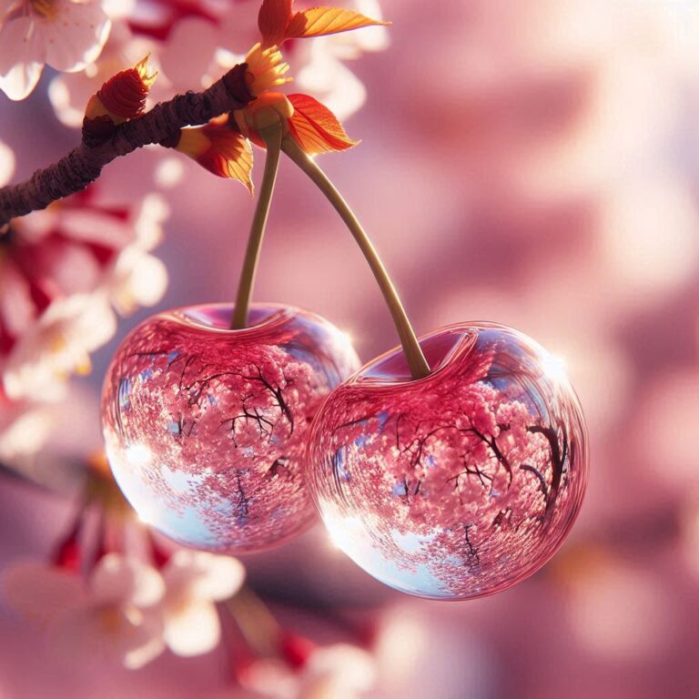 Transparent Glass Cherries on Blossoming Cherry Tree