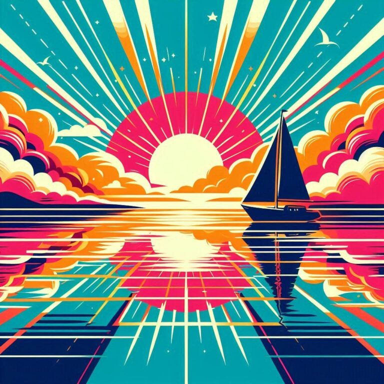 Vibrant Sailboat Seascape with Sun Rays and Reflections