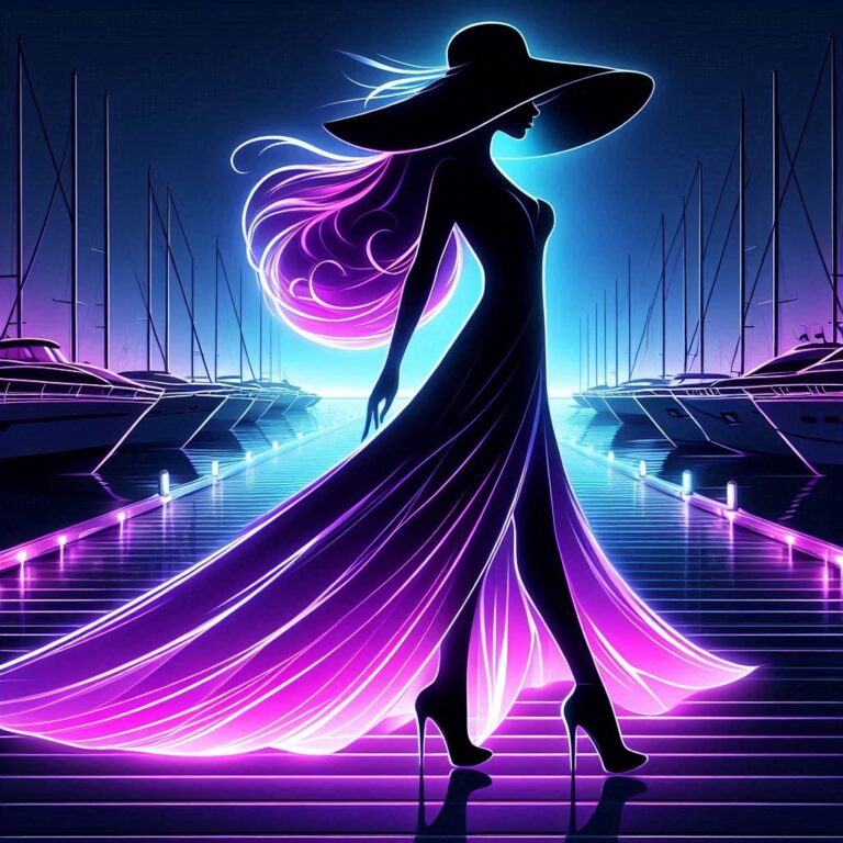 Neon Purple Woman Silhouette Walking Luxury Yacht Pier