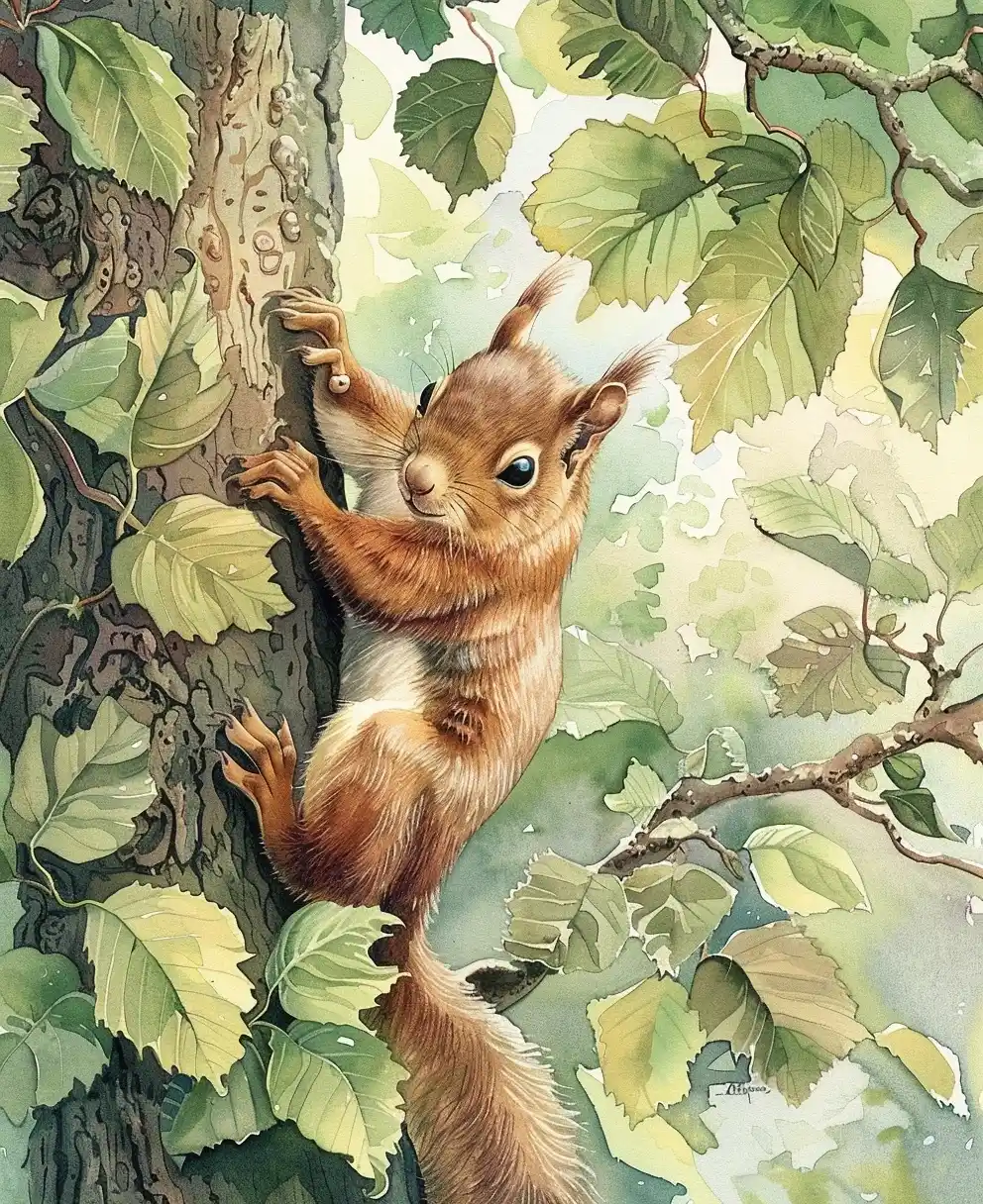 Watercolor Squirrel in Tree