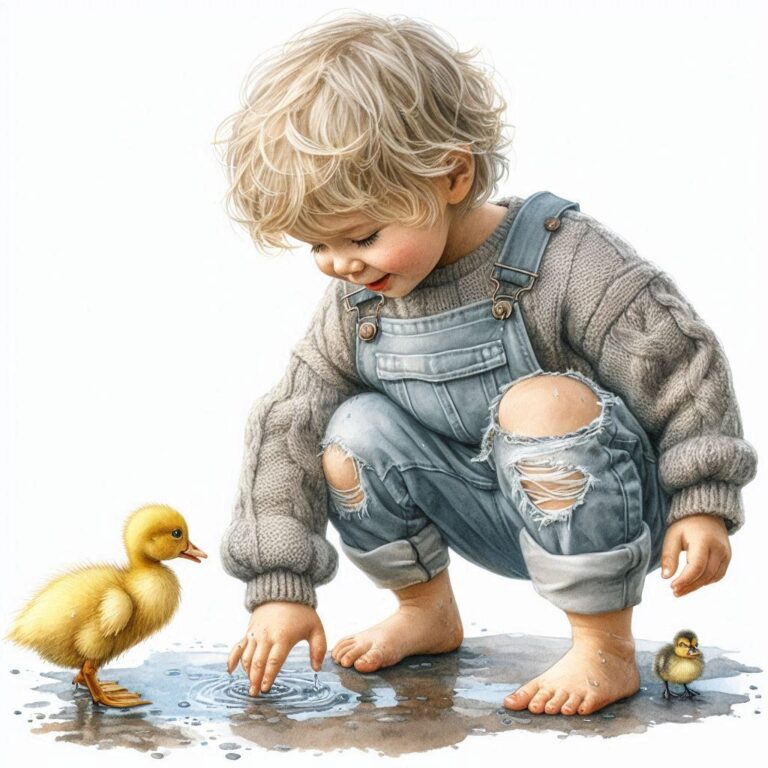 Barefoot Boy in Overalls Playing with Duckling in Puddle