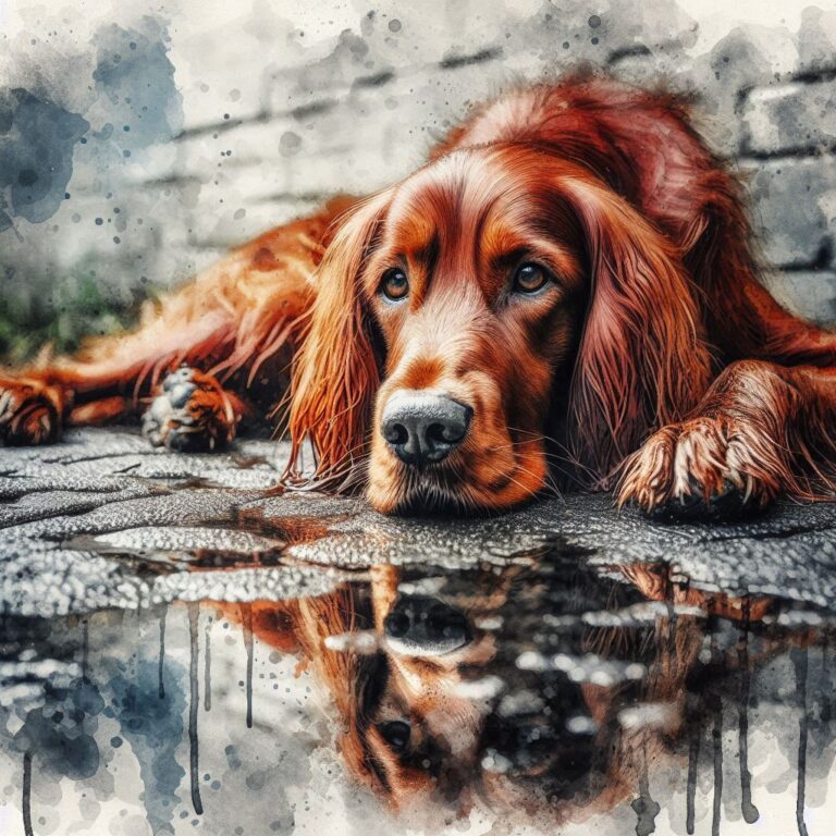 Red Setter Lying in Rain Puddle Mixed Watercolour Art