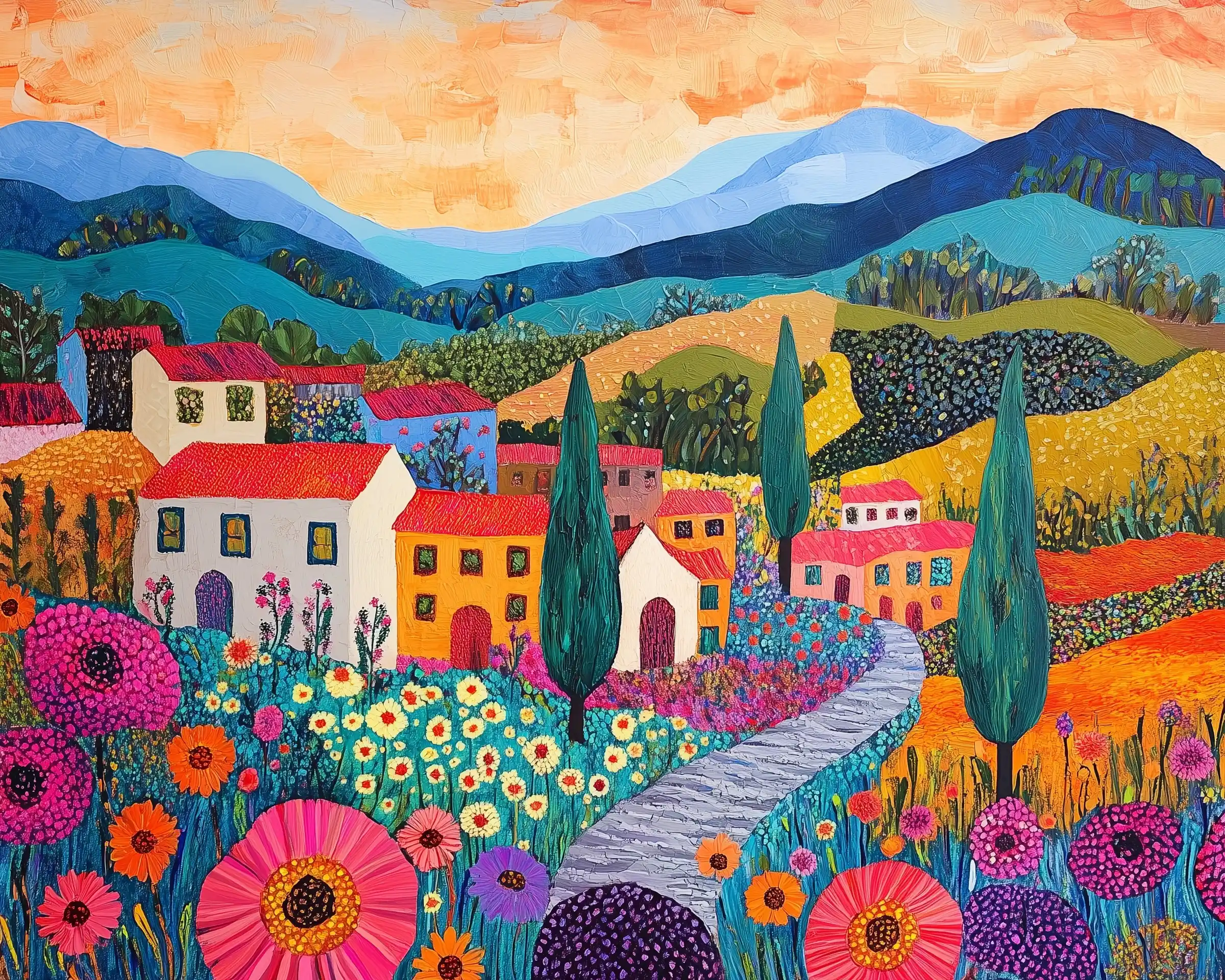 Bright Mountain Village Scene