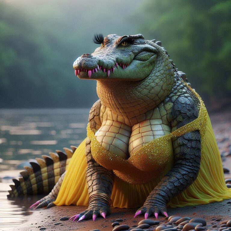 Glamorous Female Crocodile in Yellow Gown on Riverbank