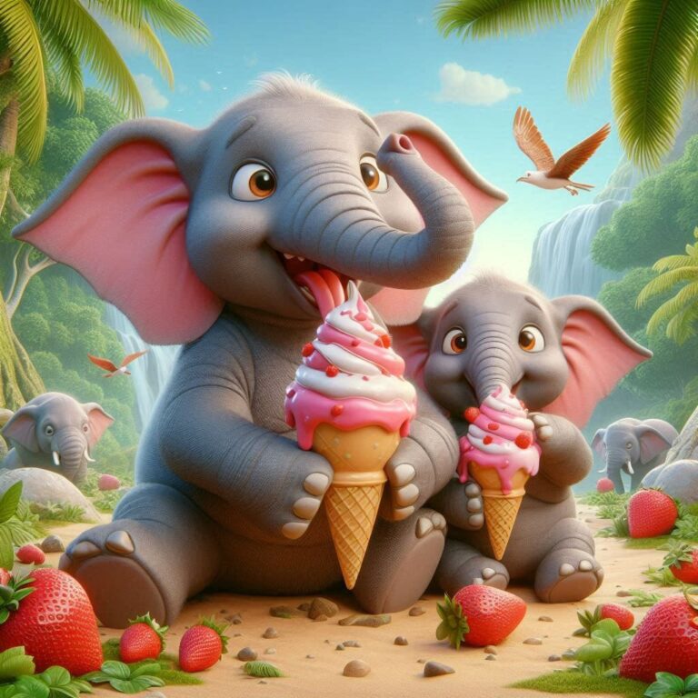 Two 3D Elephants Eating Strawberry Ice Cream in Jungle
