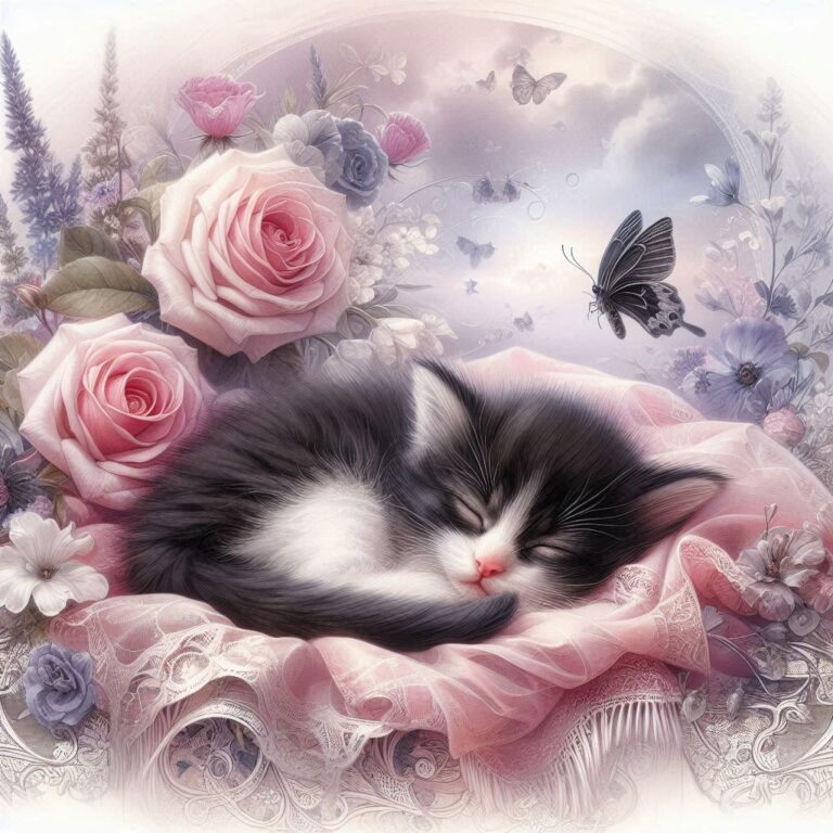 Black and White Kitten Sleeping on Rose Shawl Watercolor