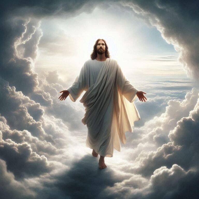 Jesus Walking Out of Clouds with Heaven Background
