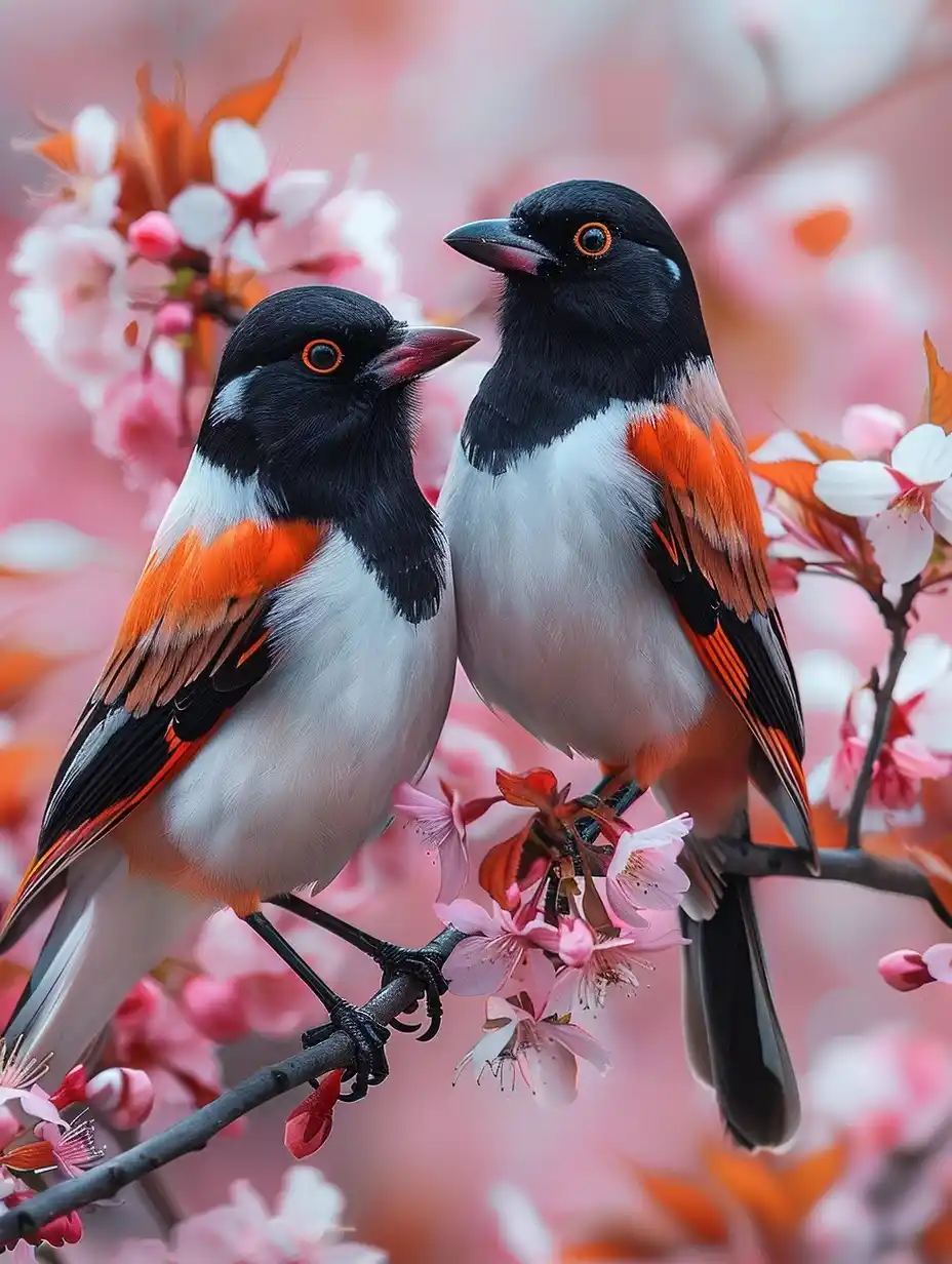 Realistic Magpies in Blossoms