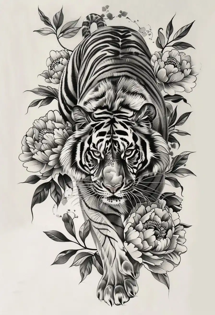 Tiger  Peonies Tattoo