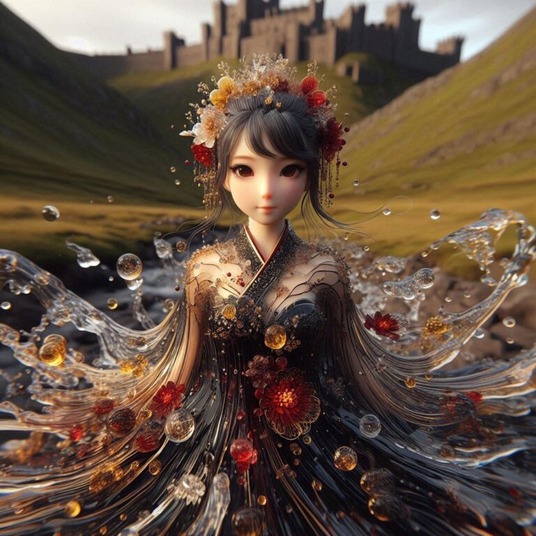 Oriental Girl in Transparent Petal and Frost Gradient Dress