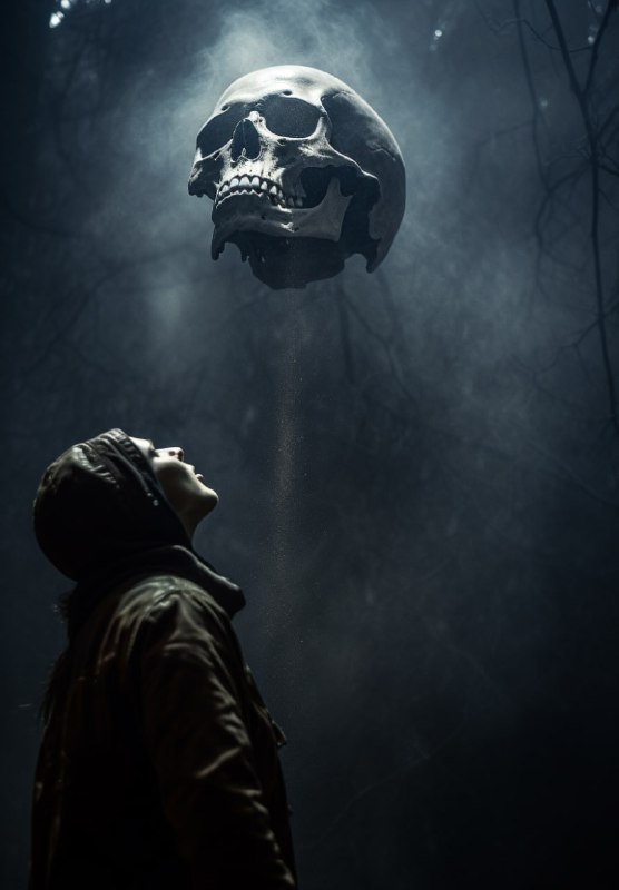 Skull and Ghost in Dark Wiccan Sky with Eerie Lighting