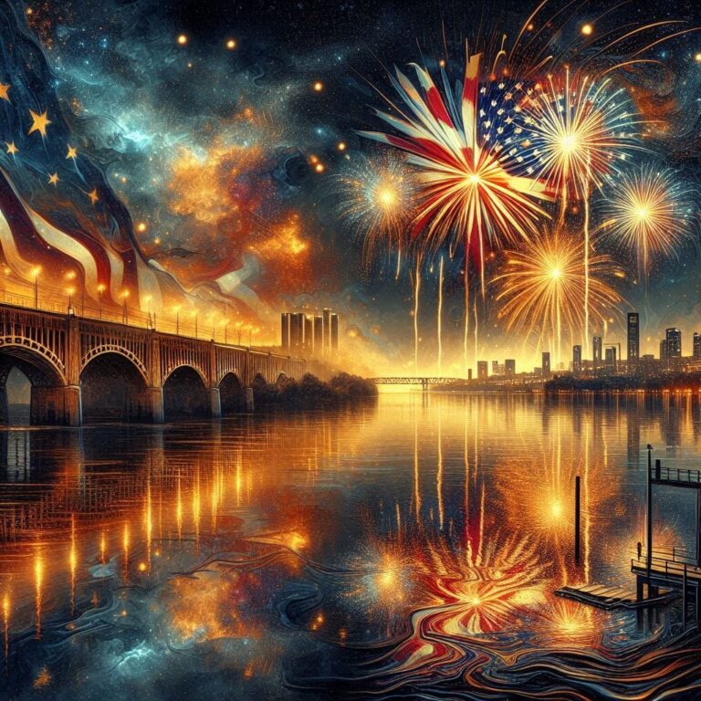 Alcohol Ink Fireworks over Lake with American Flag Burst